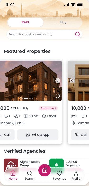 The Koor app: home, search, listing details and favorites